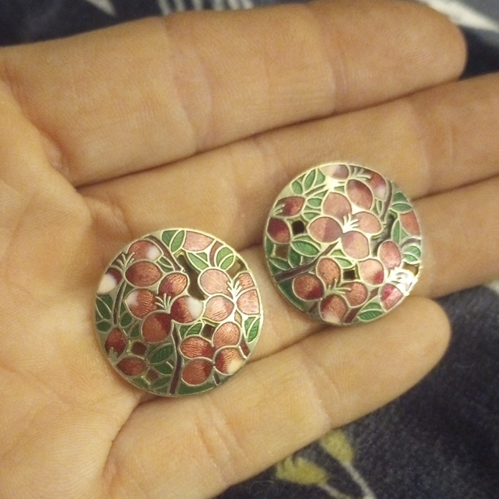 Cloisonne Flower Post Earrings, Silver Tone